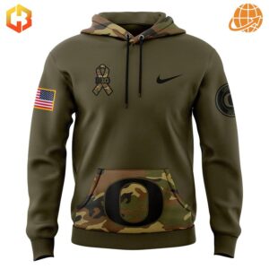 Oregon Ducks Salute to Service Camo Hoodie showing camouflage hood, Nike logo, and military-inspired patches.