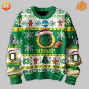 Front view of Oregon Ducks holiday sweater featuring mascot and winter motifs