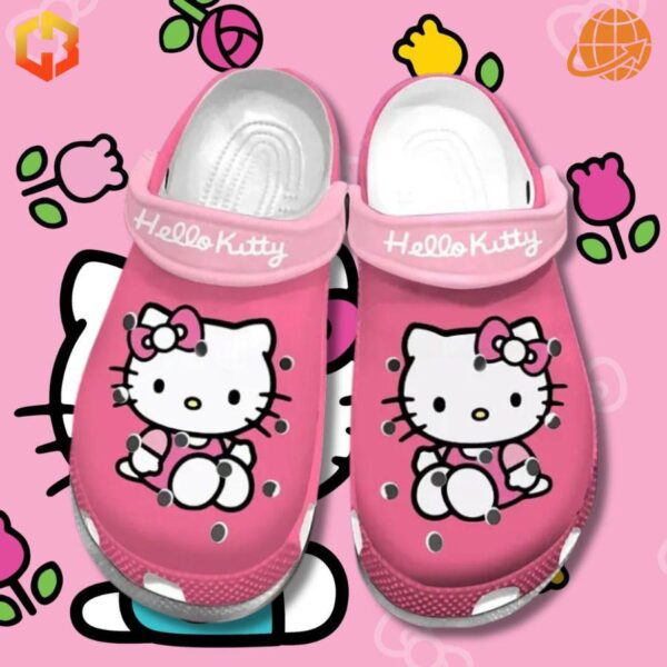 Pink Hello Kitty Crocs Shoes with floral designs and Hello Kitty graphics on a pink background.