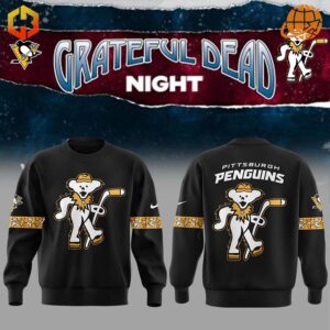 Front and back view of the Pittsburgh Penguins Grateful Dead Night Sweatshirt featuring a Grateful Dead bear in hockey gear.