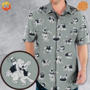 Close-up of Popeye-themed Hawaiian shirt with cartoon sailor battle pattern on sage green background.