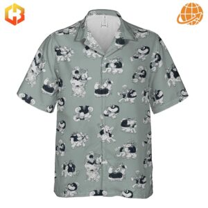 Full view of Popeye-inspired Hawaiian shirt with all-over sailor battle print.