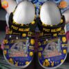 ost Malone F1 Trilion Crocs Crocband Shoes with navy blue and yellow design featuring artist graphics and lyrics.