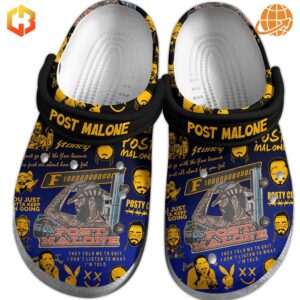 Post Malone F1 Trilion Crocs showing lyrics, signatures, and artist-related graphics on navy and yellow background.