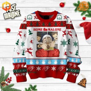 Post Malone Home Malone Christmas Sweater with festive design on white wooden background with holiday decorations