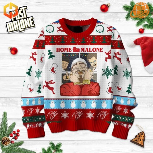 Post Malone Home Malone Christmas Sweater with festive design on white wooden background with holiday decorations