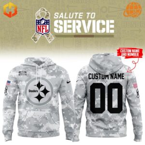 alute To Service Pittsburgh Steelers Hoodie in digital camo pattern, showing front with team logo and customizable back with name and number option.