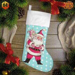 Santa Claus Christmas Stocking in festive holiday setting with pine branches and decorations.