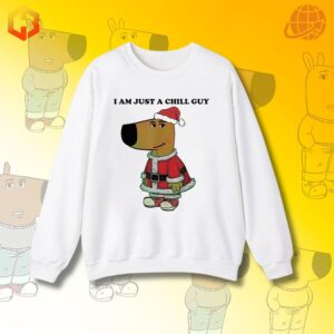 A white sweatshirt featuring a relaxed Santa Claus with sunglasses and the phrase 