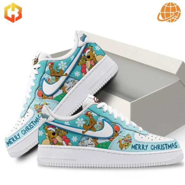 Close-up of a hand-painted Scooby-Doo and Shaggy design on Nike Air Force 1 shoes, with Christmas lights in the background.