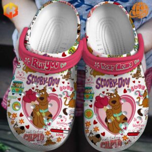 Crocs decorated with a Scooby-Doo Valentine's Day theme