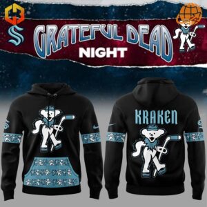 Seattle Kraken Grateful Dead Night Hoodie featuring dancing bear mascot with hockey stick, front and back view on black background with promotional banner.