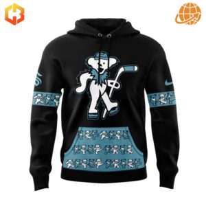 Front view of Seattle Kraken Grateful Dead Night Hoodie with large dancing bear mascot and decorative bear patterns on pocket and sleeves.