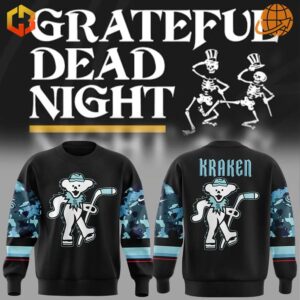 Seattle Kraken Grateful Dead Night Sweatshirt featuring vibrant Grateful Dead-inspired graphics and Seattle Kraken logo, displayed on a cozy black pullover.