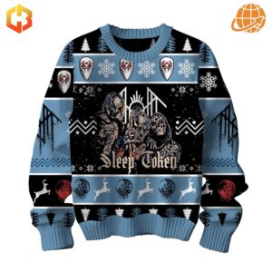 Front view of Sleep Token Band Christmas Sweater showing detailed band illustration and holiday patterns.