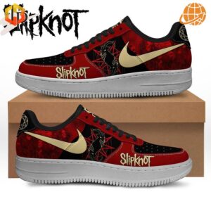 Slipknot Band Nike Air Force 1 sneakers in red and black with gold swoosh, featuring band logo and symbols on a white midsole.