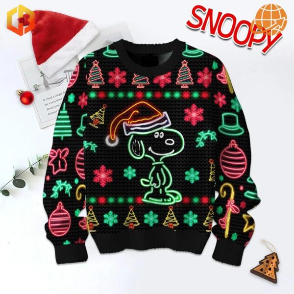 Snoopy illustration on the black Christmas sweater