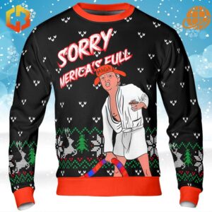 "Sorry Merica's Full Donald Trump Sweater with humorous caricature design for holiday fun.