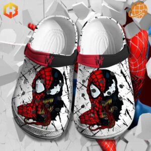 Spiderman mix Venom Crocs Shoes on fractured white background with partial Spider-Man costume visible.