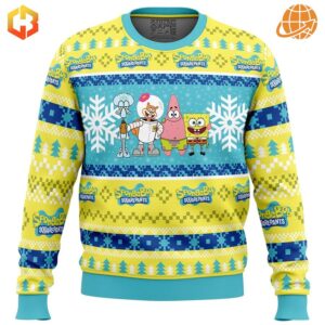 Yellow Spongebob Squarepants Christmas sweater with festive decorations.