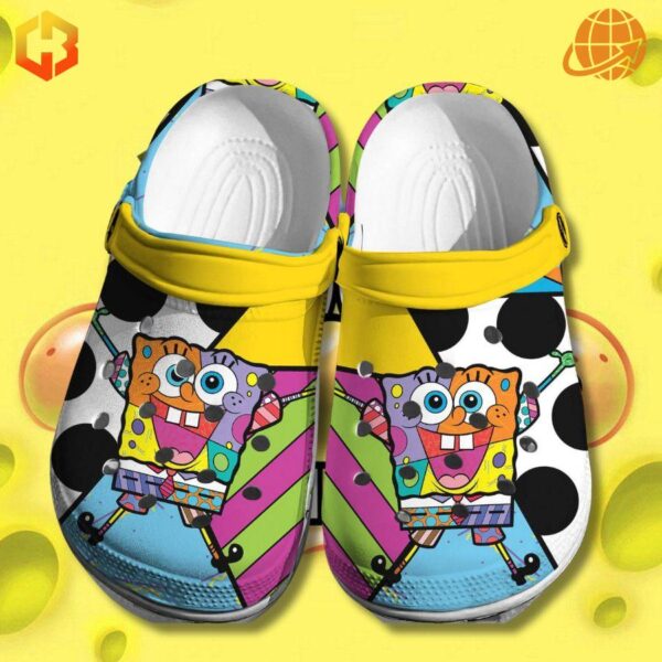 Colorful Spongebob Squarepants Crocs Shoes with Spongebob character print and yellow heel strap.