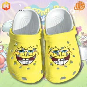 SpongeBob SquarePants Face Crocs Shoes with bright yellow exterior and SpongeBob's smiling face, set against a cartoon underwater scene.