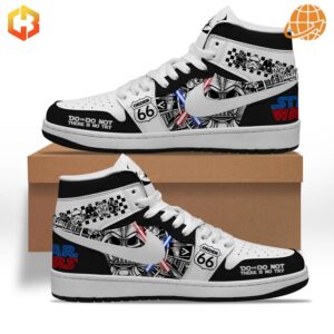 Side view of Star Wars Order 66 Air Jordan Shoes with detailed artwork and Yoda's quote on toe caps, set against a neutral background.