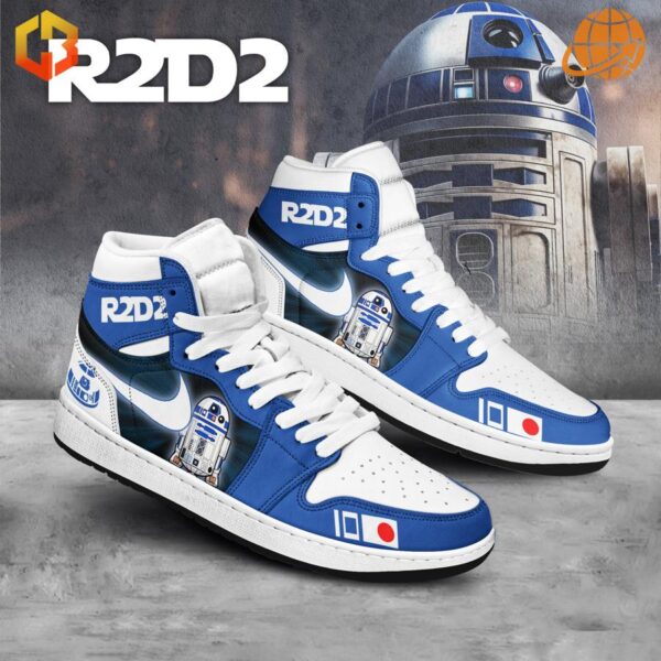 Star Wars R2D2 Air Jordan Shoes with blue and white color scheme and white laces, featuring R2D2 graphics, displayed against an R2D2 backdrop.