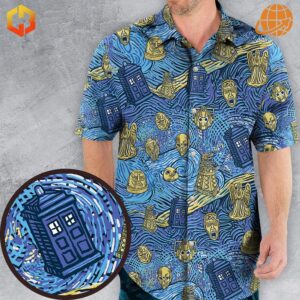 Close-up of a blue Hawaiian shirt with Doctor Who-themed golden icons in a swirling Van Gogh-inspired pattern.