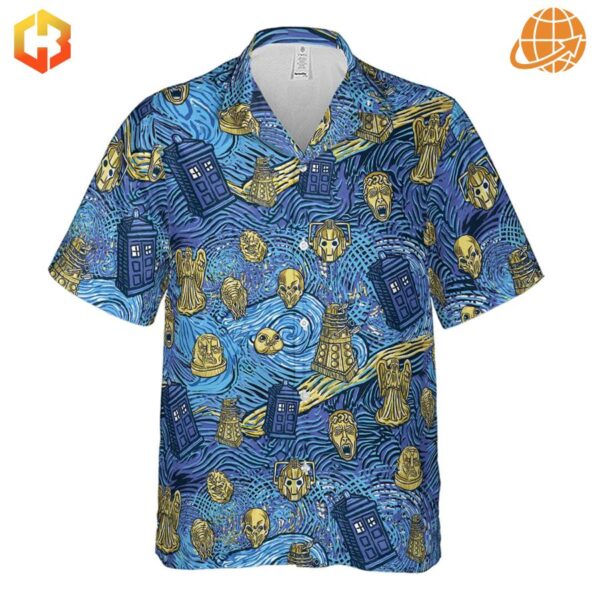 This full view of the Starry Night Tardis Doctor Who Hawaiian Shirt displays the entire pattern, highlighting the intricate design that covers the entire garment.