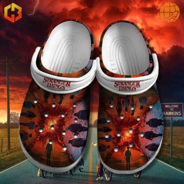 Stranger Things Crocs with portal design, set against a stormy Hawkins backdrop.