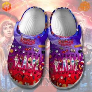 Colorful Stranger Things themed Crocs with "Friends Don't Lie" text and show imagery.