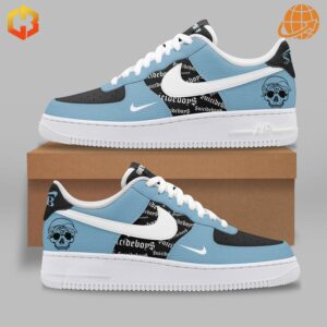 uicideboys Nike Air Force 1 sneakers in light blue and black, featuring Suicideboys branding and a skull graphic.