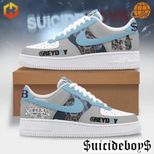 Suicideboys Nike Air Force 1 shoes in grey, light blue, and white with custom graphics and Suicideboys branding.