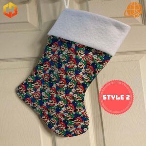 Style 2 of the Super Mario Christmas Stocking features a detailed collage of Super Mario faces on a dark background, perfect for fans who appreciate intricate designs.