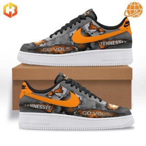 Side profile of Tennessee Volunteers Nike Air Force Shoes with an orange swoosh and team graphics, displayed on a clean white background.