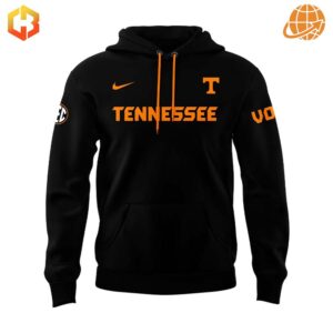 Front view of Tennessee Volunteers Dark Mode Hoodie showing orange "TENNESSEE" text and logos on black background.