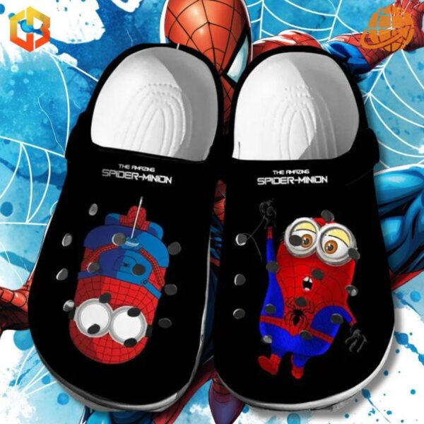 The Amazing Spider-Minion Crocs Shoes with Minion characters in Spider-Man costumes on black clogs, set against a blue web background.