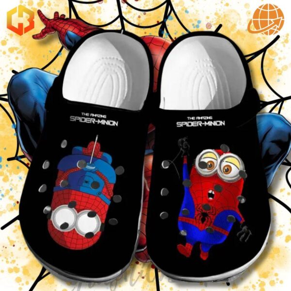 The Amazing Spider-Minion Crocs Shoes showcasing Minion-Spider-Man designs on black clogs, with Spider-Man in the background and golden web accents.