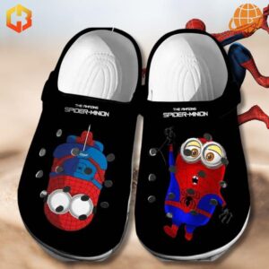 The Amazing Spider-Minion Crocs Shoes with unique Minion-Spider-Man designs on black clogs, and Spider-Man swinging into view.