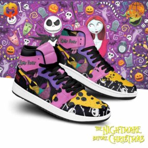 Colorful Air Jordan 1 sneakers inspired by The Nightmare Before Christmas, featuring characters and Halloween elements on a purple background.