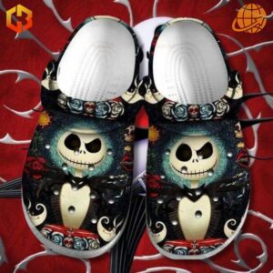 Front view of The Nightmare Before Christmas Jack Skellington Crocs Shoes featuring Jack Skellington’s face with intricate gothic details and vibrant roses.