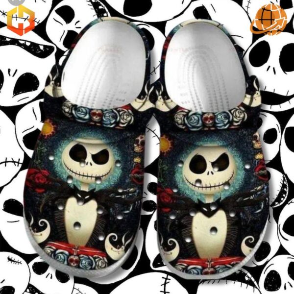 Side profile of The Nightmare Before Christmas Jack Skellington Crocs Shoes, showcasing gothic details with roses, skulls, and swirling patterns.