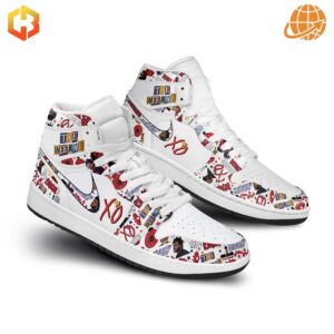 Rear and side view of The Weeknd Air Jordan 1 Shoes featuring collaged patterns, XO branding, and red accents on a white base.