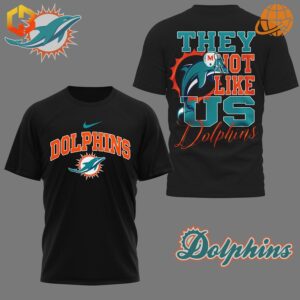 Black edition They Not Like Us Miami Dolphins Shirt featuring contrasting aqua and orange graphics"