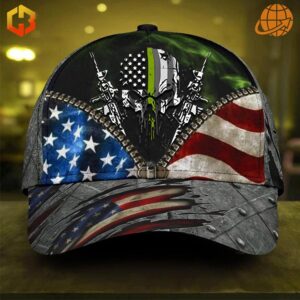 Thin Green Line Skull And Gun US Flag Cap" with bold skull graphic and American flag design.