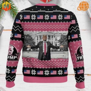 Trump Daddy’s Home Christmas sweater showcasing a detailed graphic of Trump at the White House, with snowflakes and flag accents.