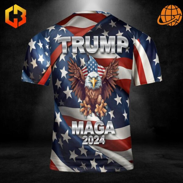 Patriotic Trump 2024 T-shirt with bold 'Legends Never Die' slogan, American flag background