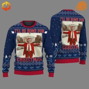 I'll Be Home for Christmas Trump sweater in blue featuring a detailed holiday print and snowflake patterns for a festive touch.