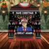 Trump Santa Christmas sweater with "Make Christmas Great Again" text and festive holiday design.